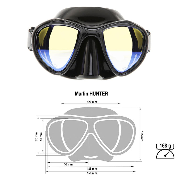 Masque de chasse sous-marine Hunter noir avec verres jaunes miroités Marlin 10304