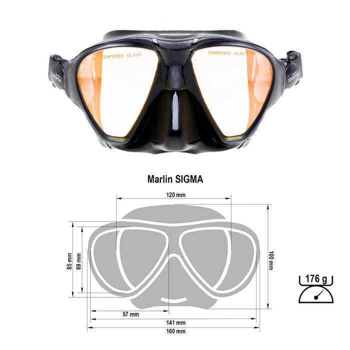 Masque de chasse sous-marine Sigma noir avec verres jaunes miroités Marlin 213638