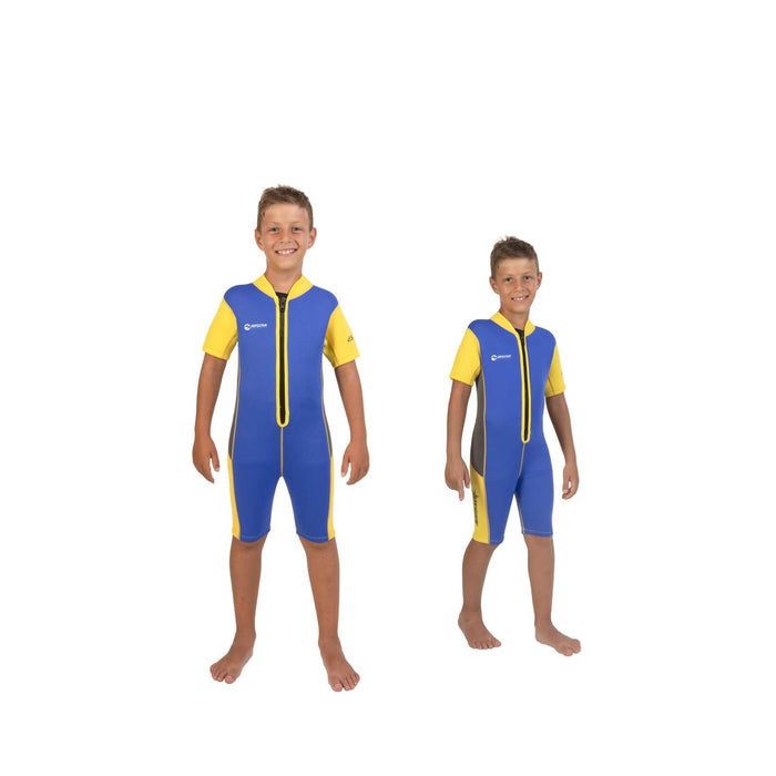 Wetsuit短 de plongée court enfant 2,5 mm bleu-jaune 8 ans Abysstar 60219