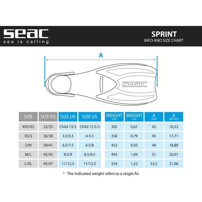 Palmes de Snorkeling Sprint Bleu XS-S ~ 36-38 Seac 71-14B-XS-S