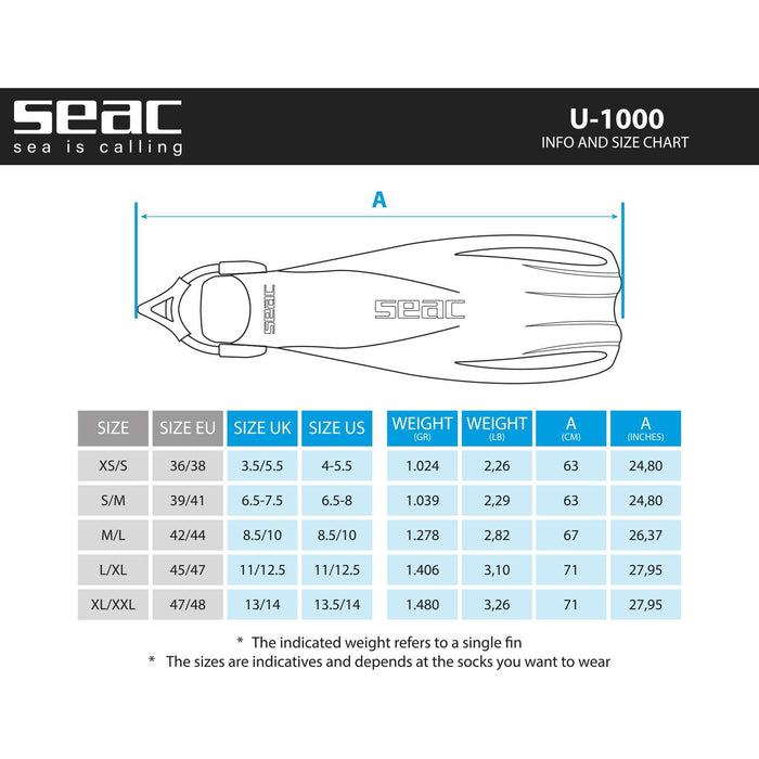 Palmes de plongée U-1000 Rouges XS-S ~ 34-36 Seac 71-55R-XS-S