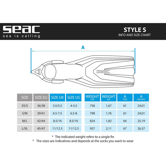 Palmes de plongée Style S Bleu XS-S ~ 36-38 Seac 71-62B-XS-S