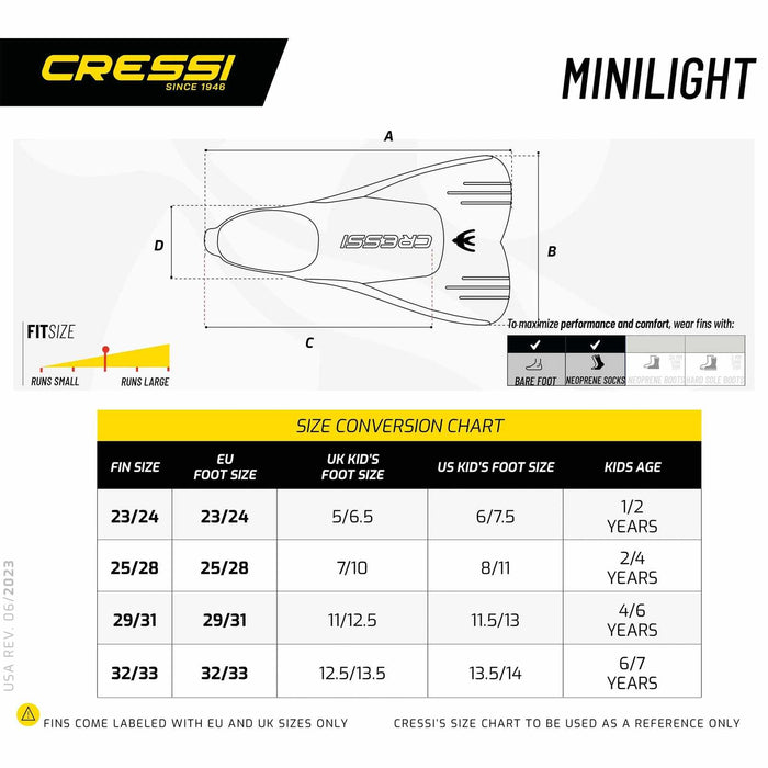 Palmes de snorkeling et de natation Light Enfants Jaune EU 34-35-UK 1-2 Cressi DP301034